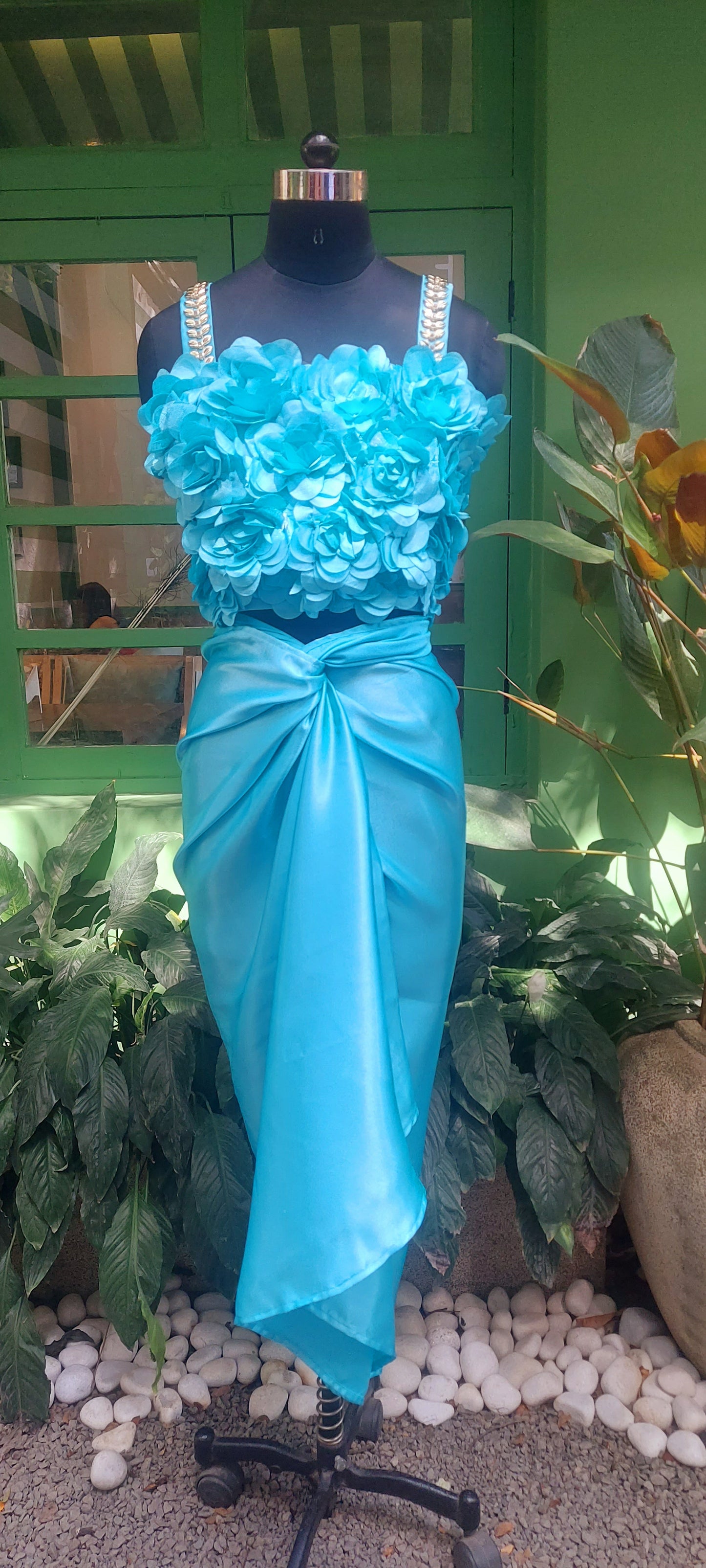 Blue Rosette Top and Drape Skirt