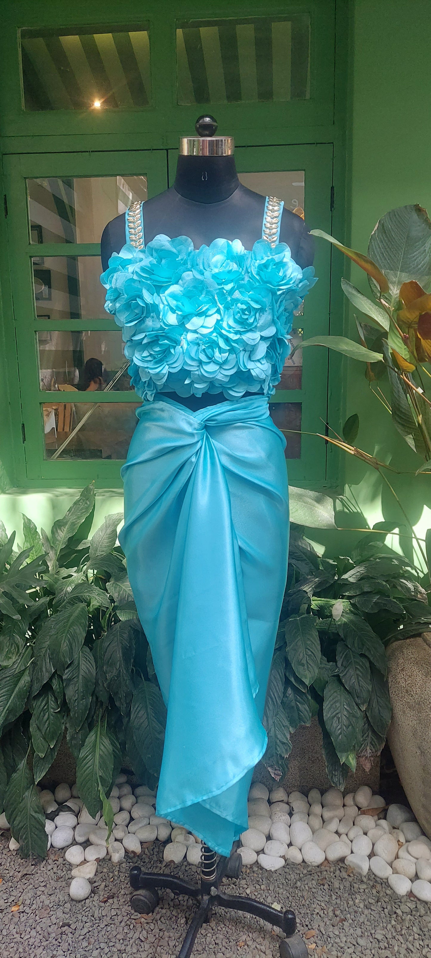 Blue Rosette Top and Drape Skirt