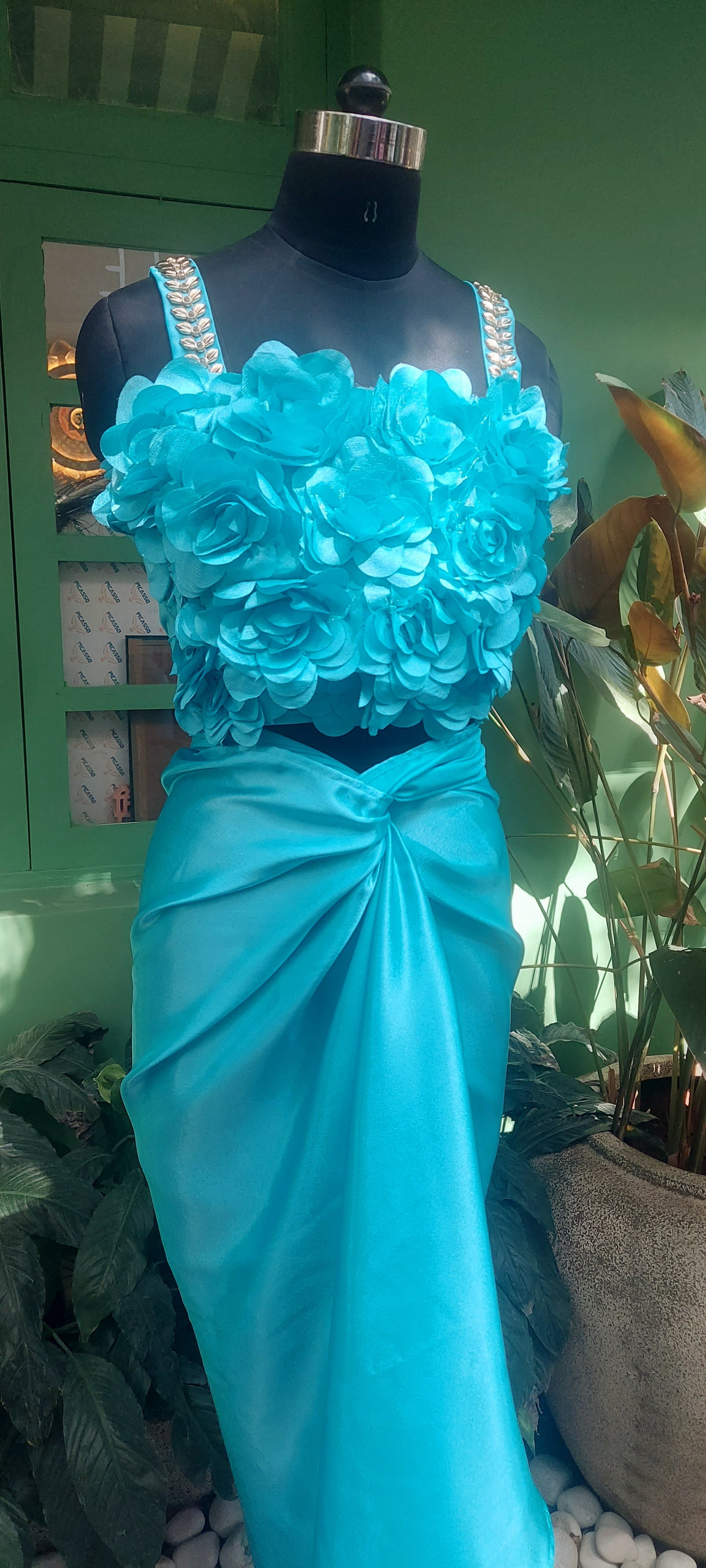 Blue Rosette Top and Drape Skirt