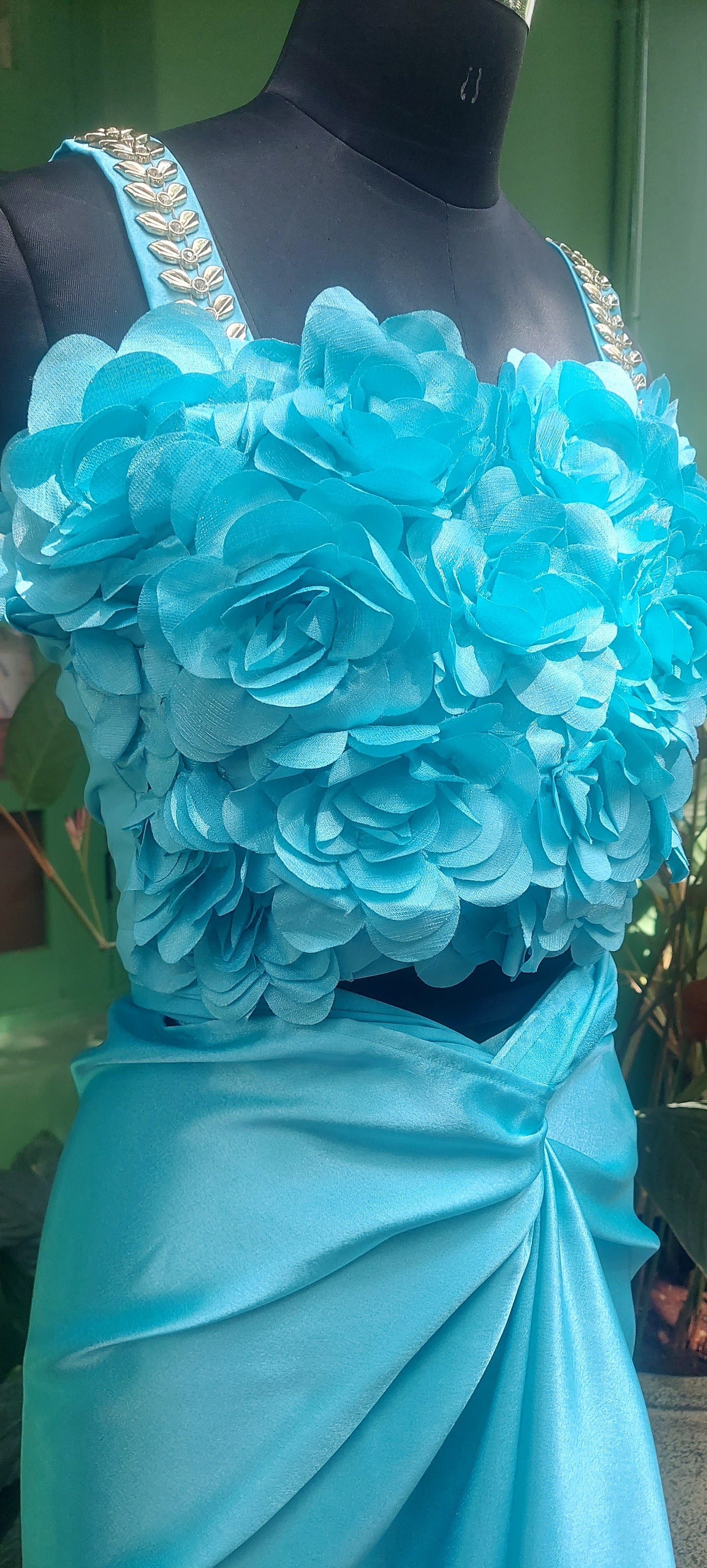 Blue Rosette Top and Drape Skirt