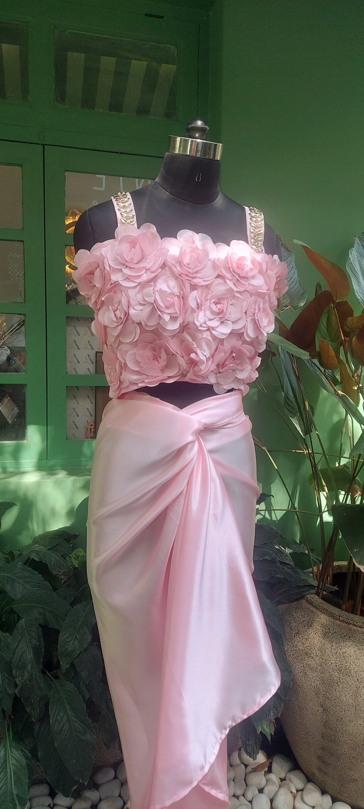 Pink Rosette Top and Drape Skirt