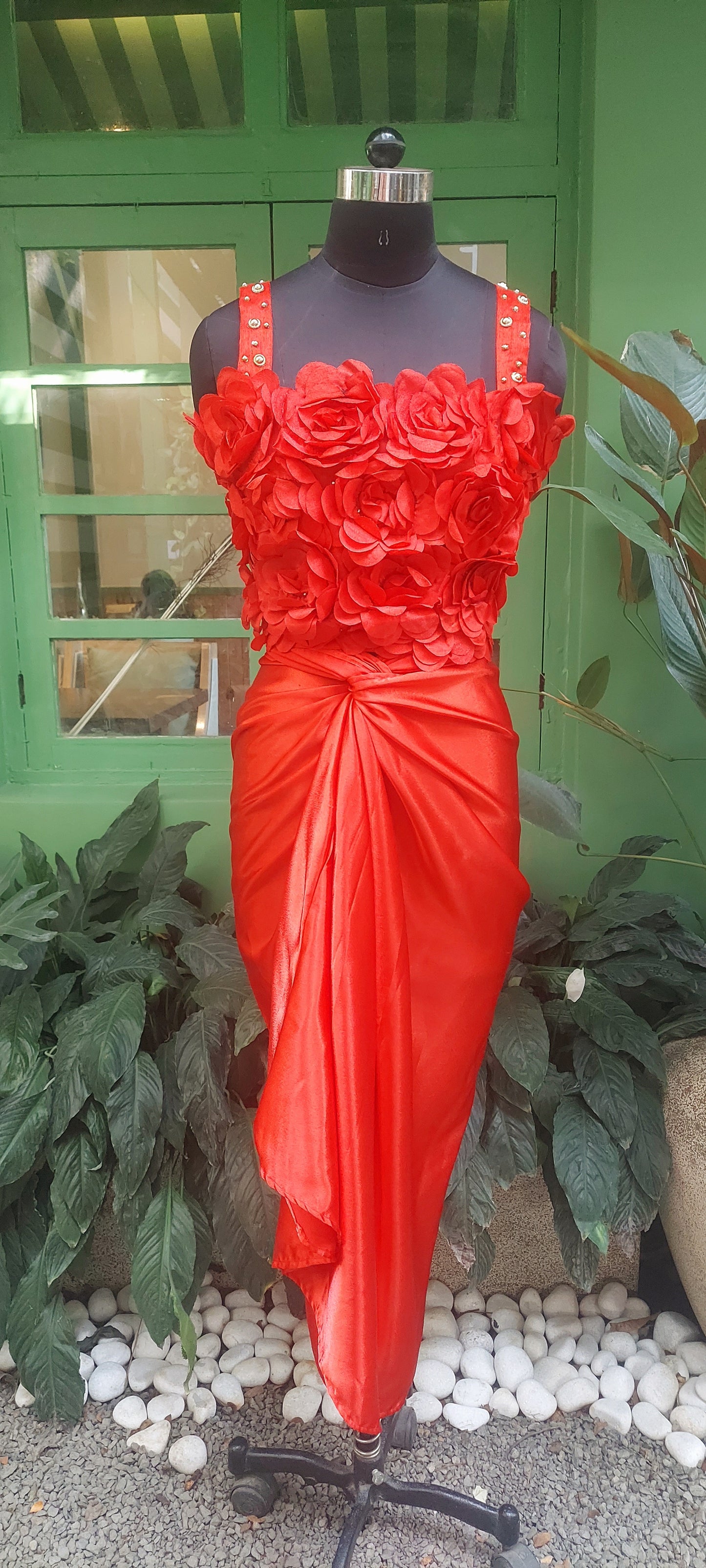 Red Rosette Top and Drape Skirt
