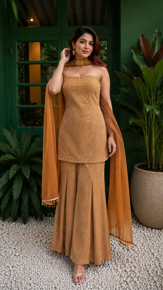 Gold Strapless Kurta and Sharara Set