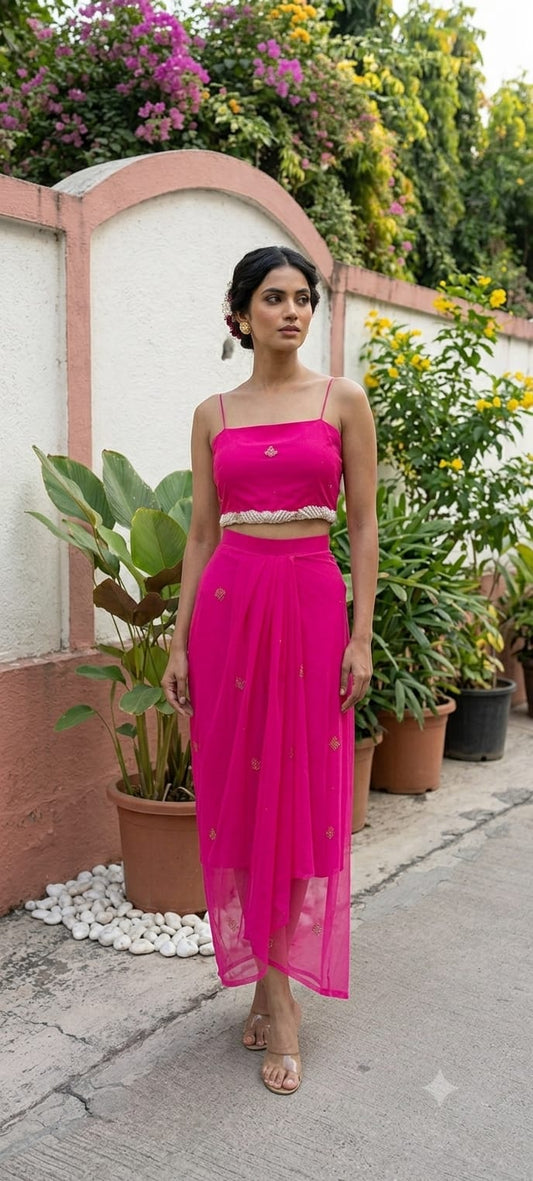 Pink Blouse Drape Skirt Set