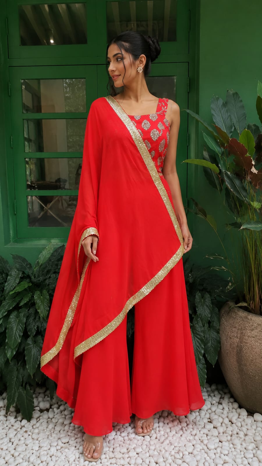 Red Flared Palazzo Top Set with Tie up Dupatta