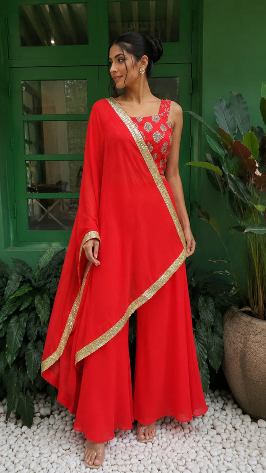 Red Flared Palazzo Top Set with Tie up Dupatta