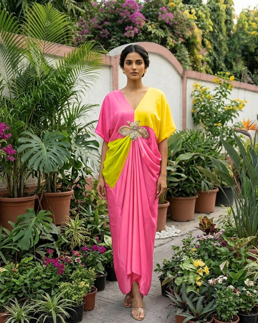 Pink Yellow Color Block Kaftan Dress