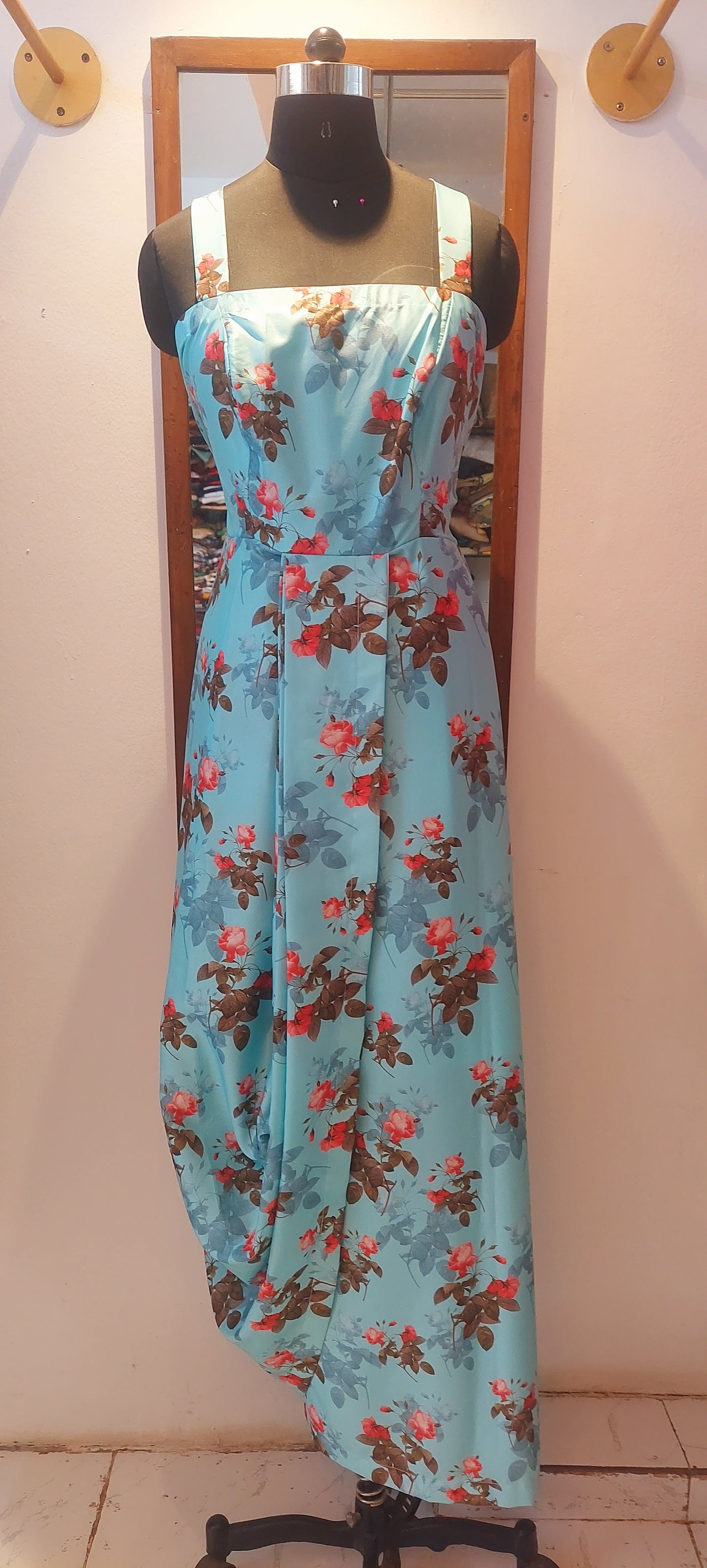 Blue Floral Printed Drape Dress
