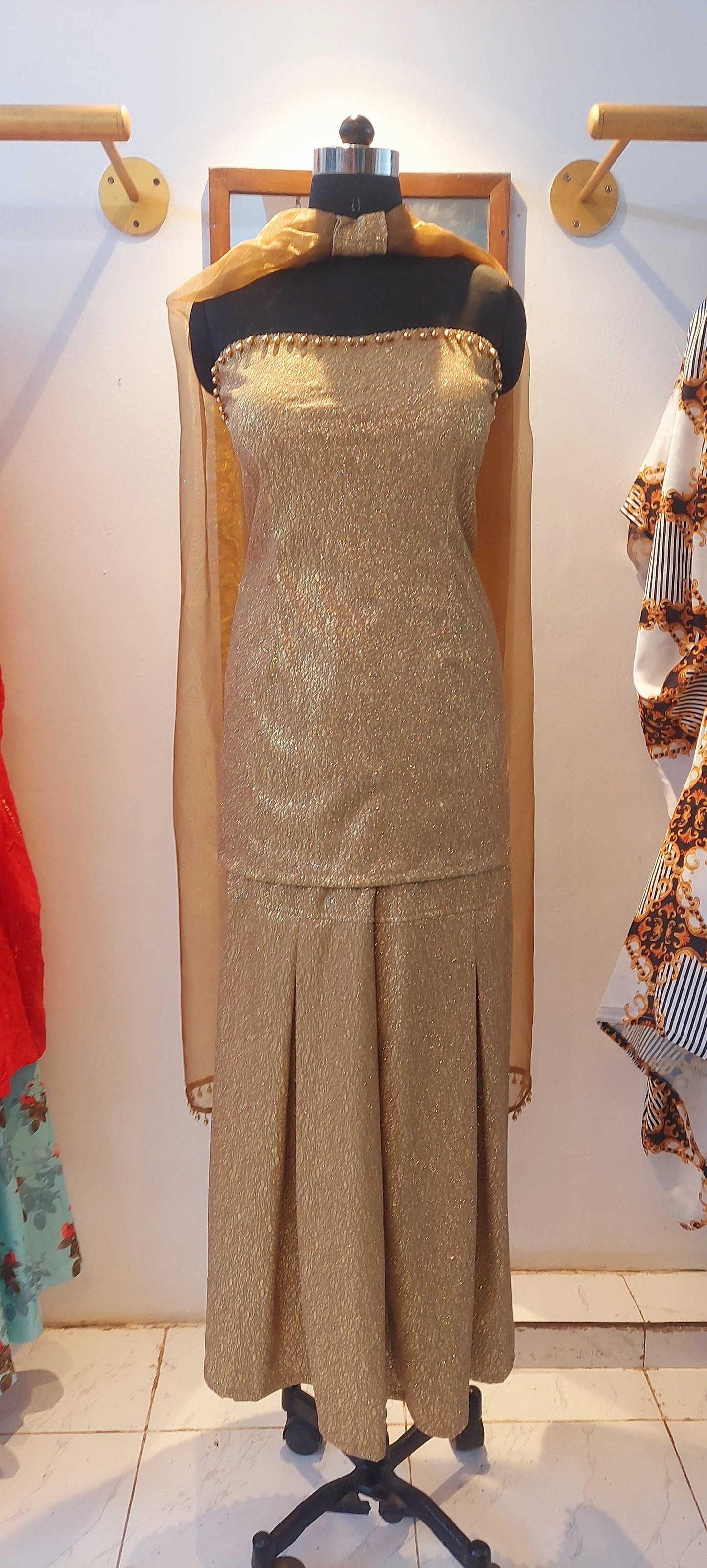 Gold Strapless Kurta and Sharara Set