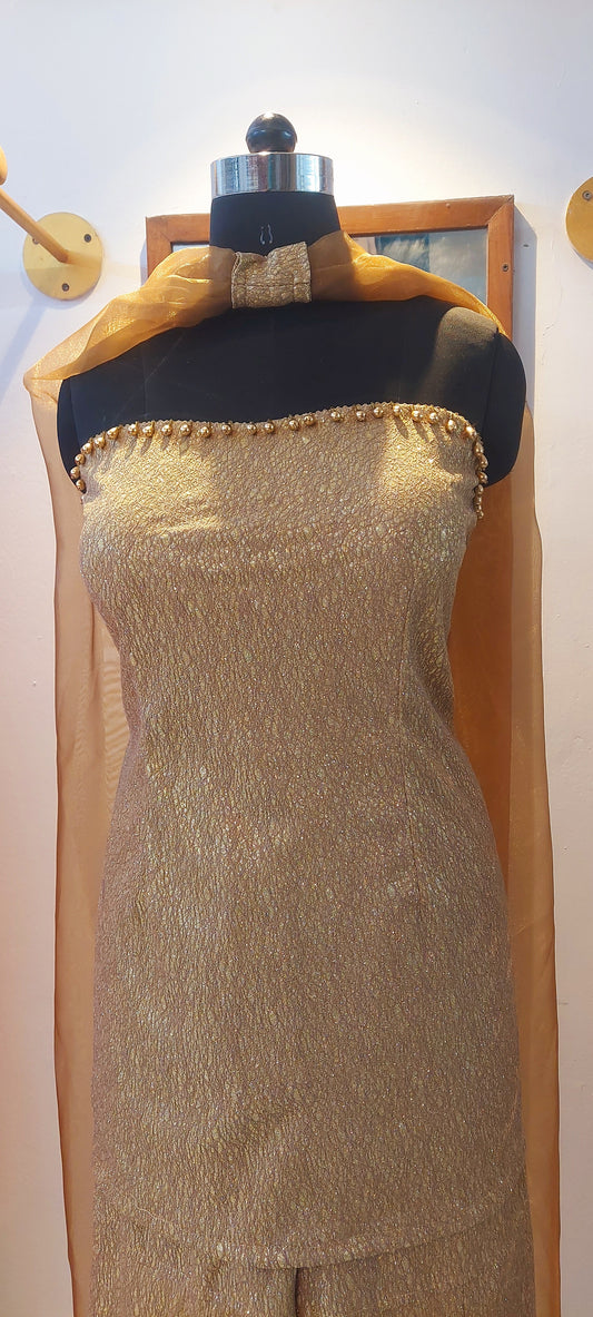 Gold Strapless Kurta and Sharara Set