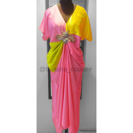 Pink Yellow Color Block Kaftan Dress